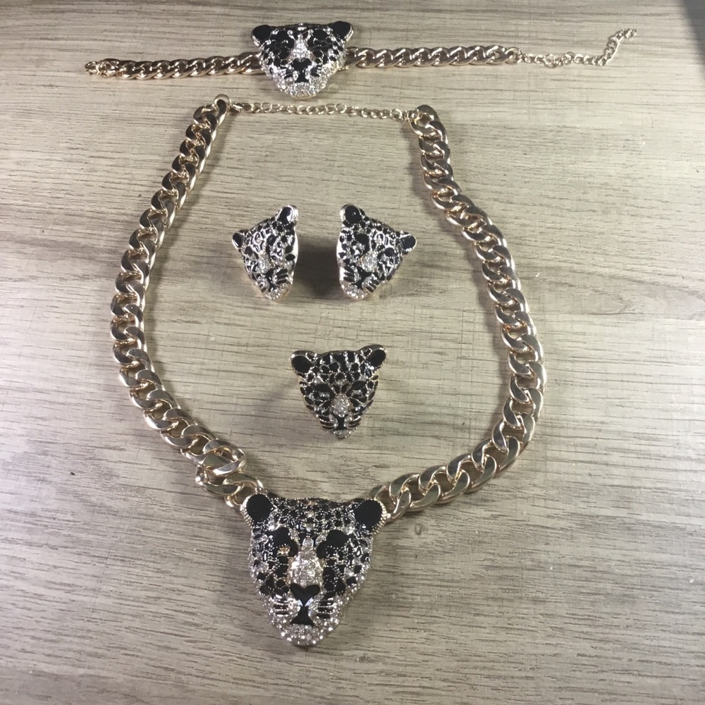 Gold and Black Leopard  Rhinestone Jewelry Earring Necklace Set